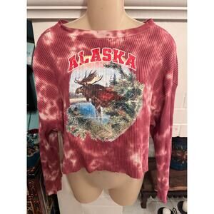 VINTAGE ALASKA MOOSE THERMAL TIE DYE LONG SLEEVE CROP TOP